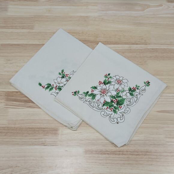 2 - Fabric Table Napkins Christmas Holly Berries Leaves White Poinsettia Flowers - Picture 4 of 15